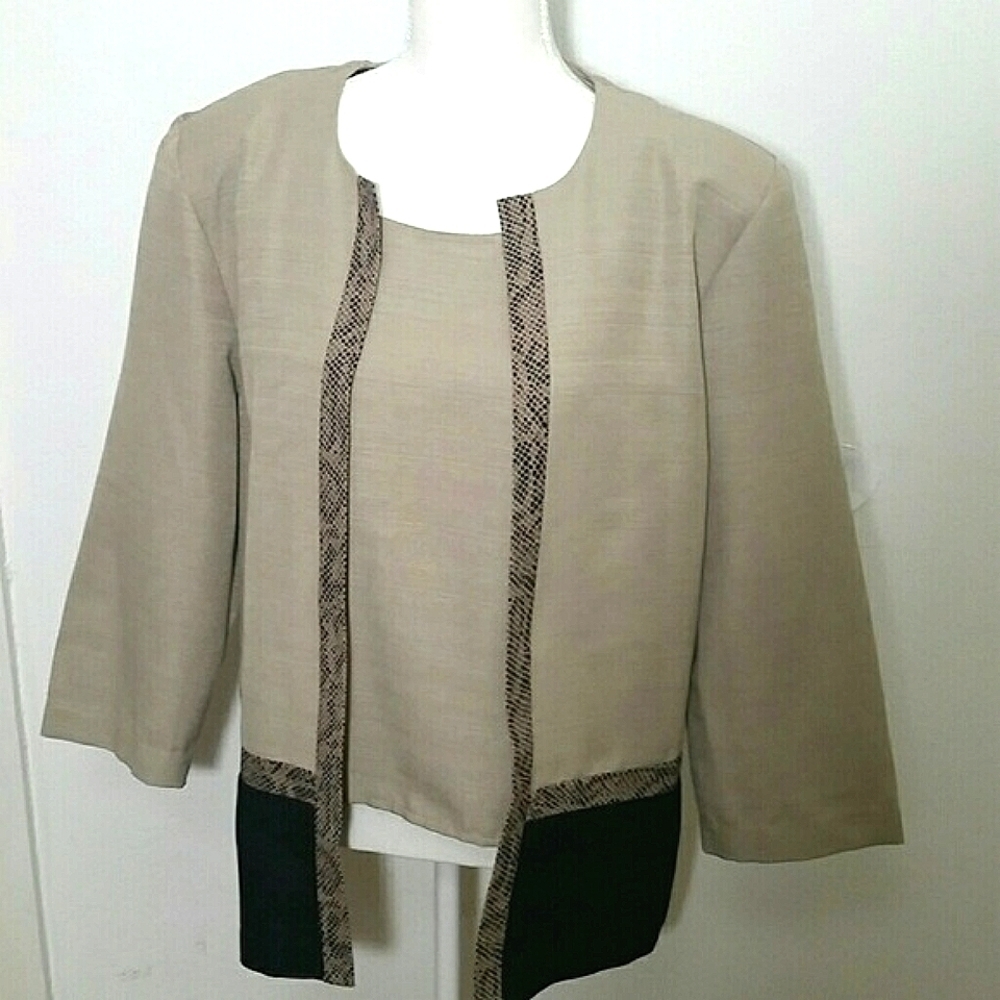 Sag Harbor Tan Black Blazer Women’s Size 14 Snakeskin Trim Color Block Career - Picture 2 of 5